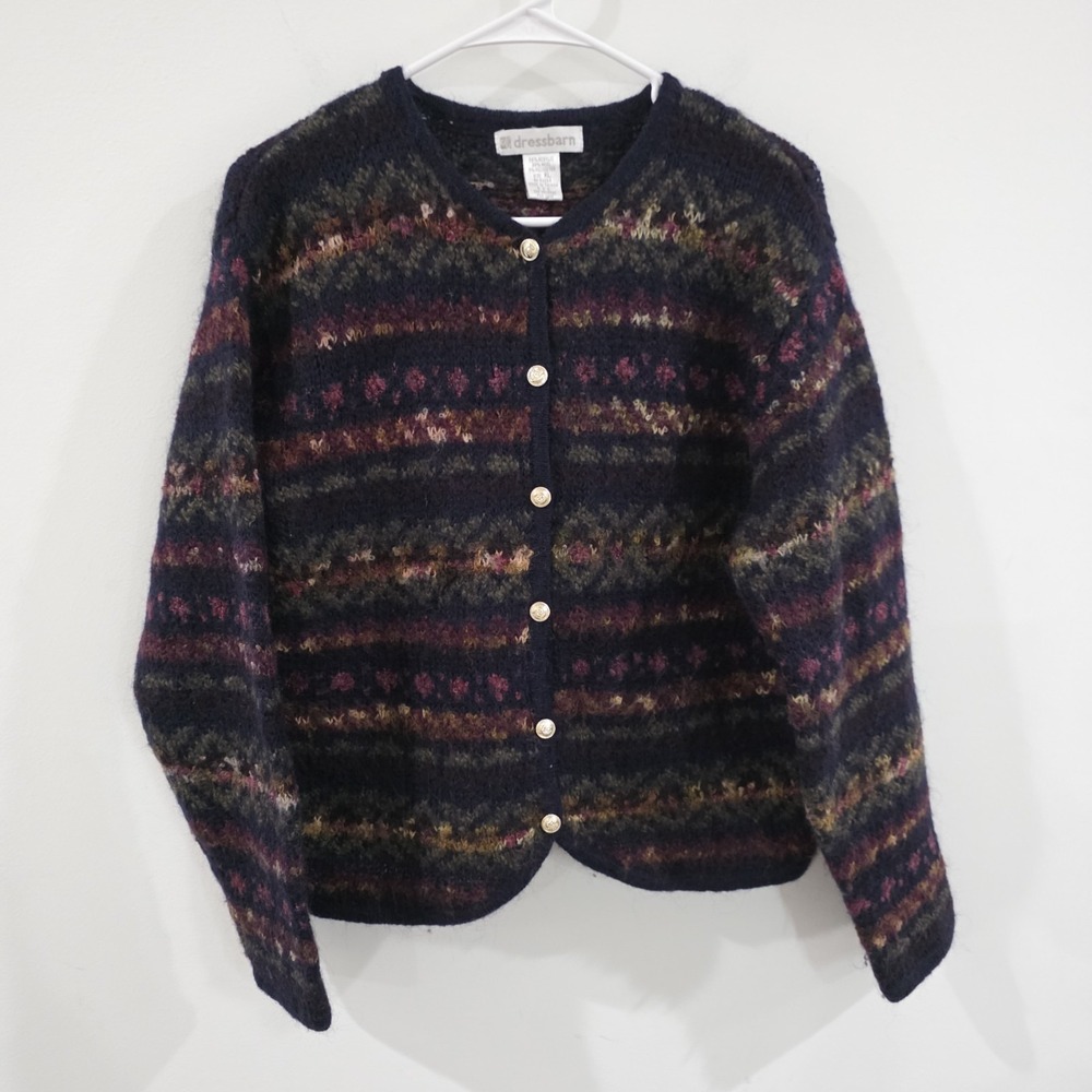 Vintage Dressbarnโ Womens Wool Cardigan Size XL Nordic Cozy Winter Metal Button